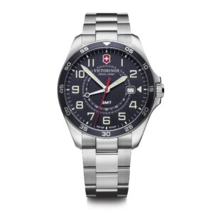 victorinox fieldforce gmt watch with blue dial and silver stainless steel bracelet