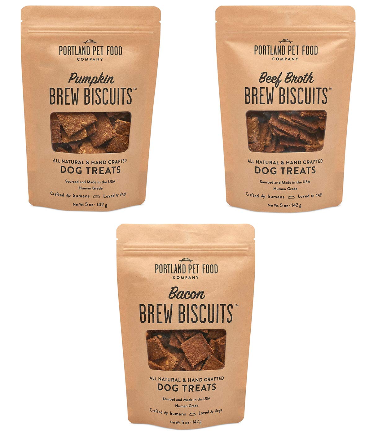 CRAFTED BY HUMANS LOVED BY DOGS Portland Pet Food Company Brew Biscuit Dog Treats (3 x 5 oz Bags Variety Pack) – Mixed Flavors –All Natural, Human-Grade, USA-Sourced and Made