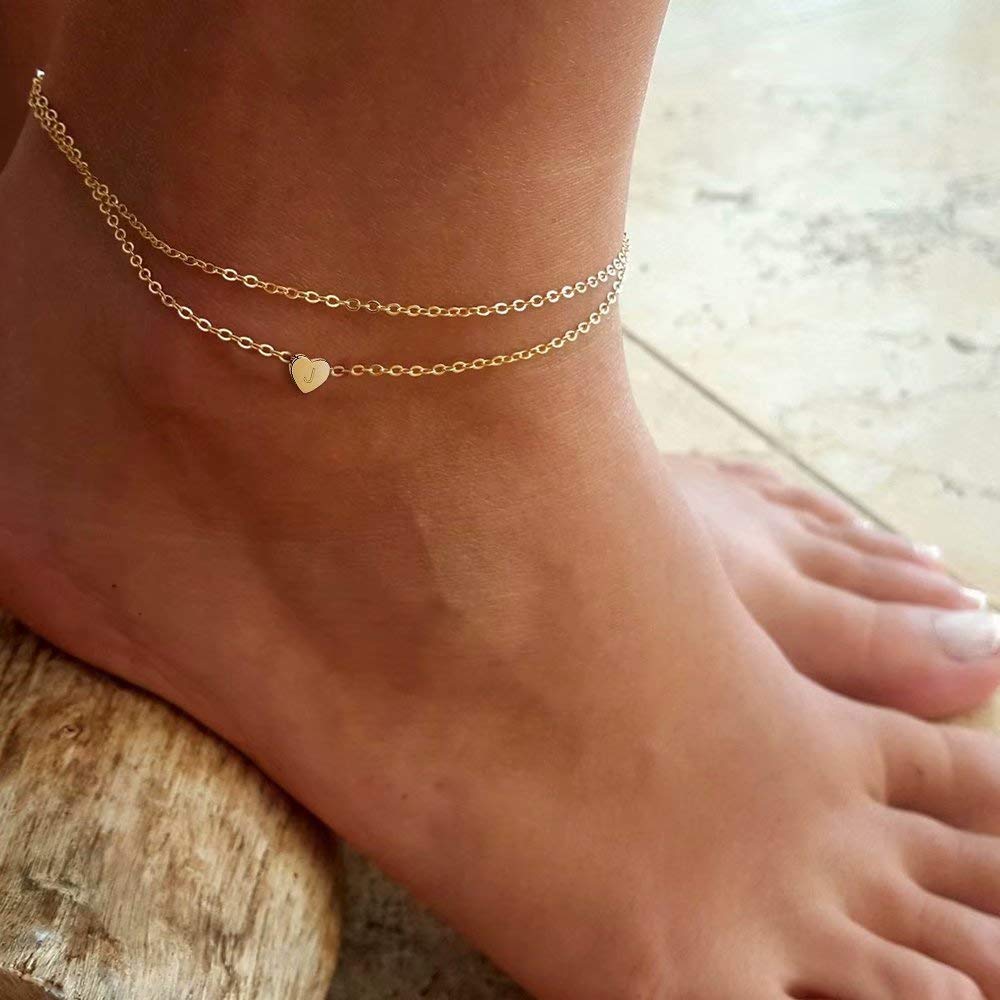 Turandoss Layering Initial Ankle Bracelets for Women, 14K Gold Filled Layered Anklet Bracelet Letter Initial Anklet for Women Beach Jewelry Gifts Anklet with Initials G