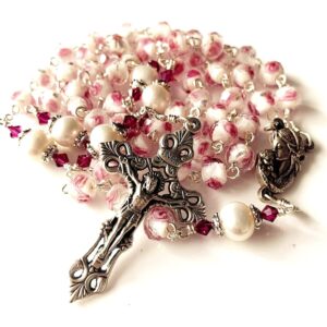 elegantmedical handmade veluriyam rose beads & pearl beads rosary & italy cross catholic necklace gift box (pink)