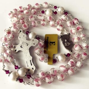 elegantmedical Handmade Veluriyam Rose Beads & Pearl Beads Rosary & Italy Cross Catholic Necklace Gift Box (pink)