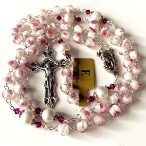 elegantmedical Handmade Veluriyam Rose Beads & Pearl Beads Rosary & Italy Cross Catholic Necklace Gift Box (pink)