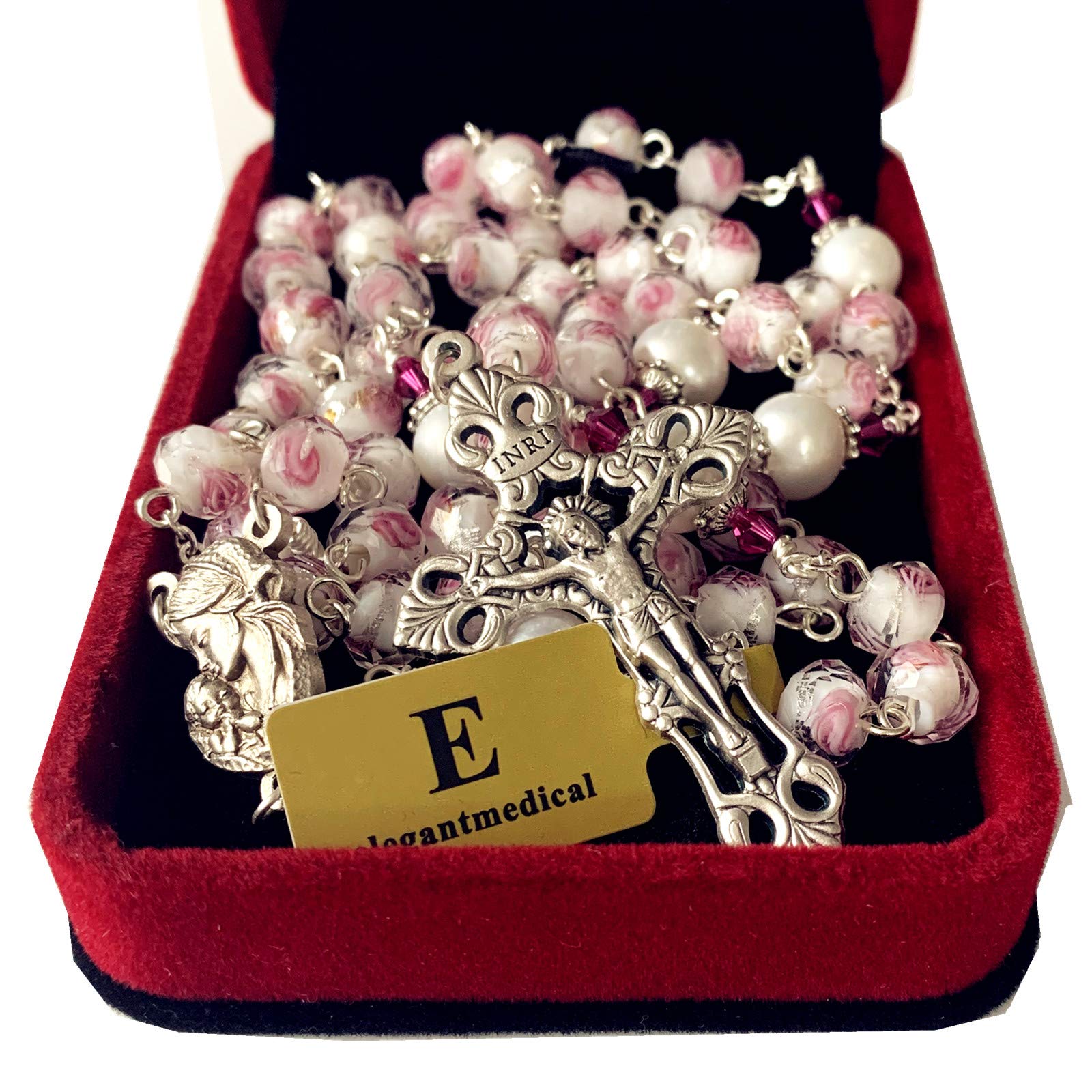 elegantmedical Handmade Veluriyam Rose Beads & Pearl Beads Rosary & Italy Cross Catholic Necklace Gift Box (pink)