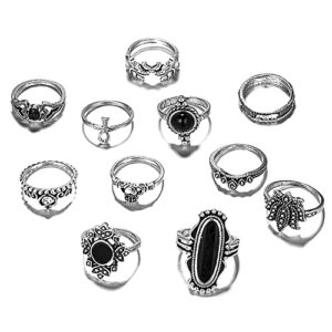 Missgrace Bohemian Vintage Silver Black Stone Knuckle Ring Set Vintage Carving Elephant Cross Boho Stackable Rings for Women 12Pcs (Style 1)