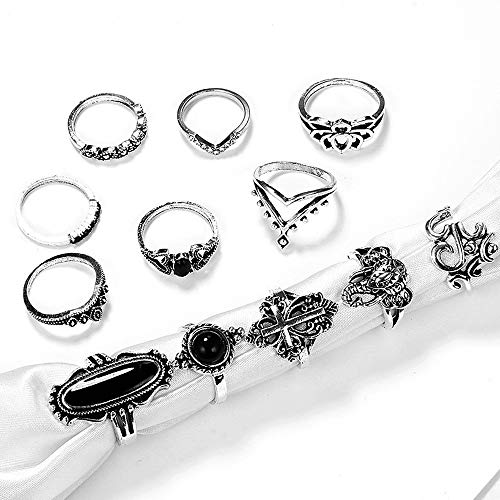 Missgrace Bohemian Vintage Silver Black Stone Knuckle Ring Set Vintage Carving Elephant Cross Boho Stackable Rings for Women 12Pcs (Style 1)