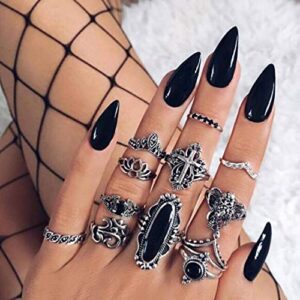 Missgrace Bohemian Vintage Silver Black Stone Knuckle Ring Set Vintage Carving Elephant Cross Boho Stackable Rings for Women 12Pcs (Style 1)