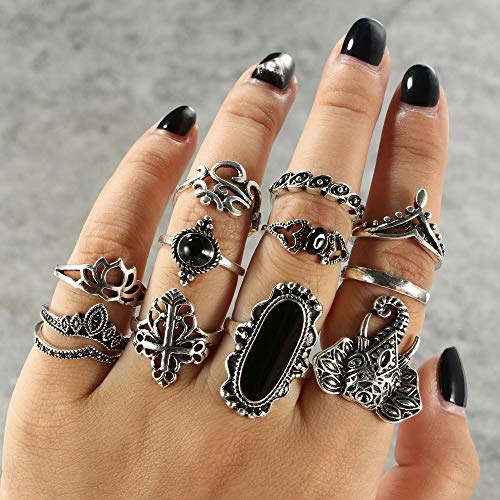 Missgrace Bohemian Vintage Silver Black Stone Knuckle Ring Set Vintage Carving Elephant Cross Boho Stackable Rings for Women 12Pcs (Style 1)