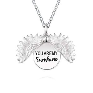 Jinlou You are My Sunshine Stamped Sunflower necklace Locket 925 Sterling Silver Pendant Necklace for Women Teen (silver Sunflower necklace)