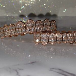 14k Rose Gold Baguette Joker Pink Grillz for Mouth Top Bottom Hip Hop Teeth Grills for Teeth Mouth Grillz for Mouth Top Bottom Hip Hop 8 Teeth Prong Set Cz Diamonds Grills for Tooth