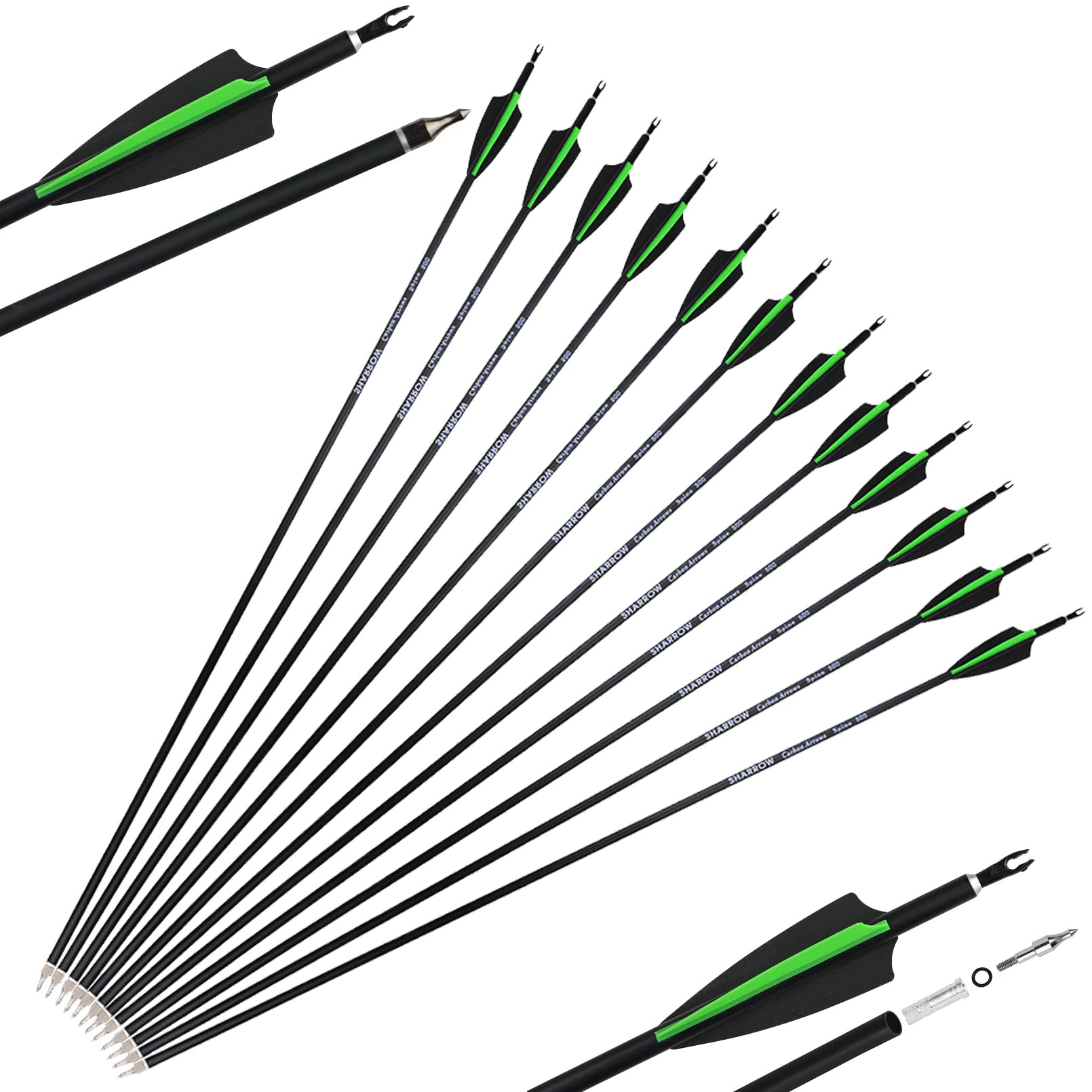 Carbon Arrows - 31 Inch Spine 500 Target Arrow with 100 Grain Removable Arrowhead for Compound Recurve Long Bows Practice & Hunting 12 Pcs