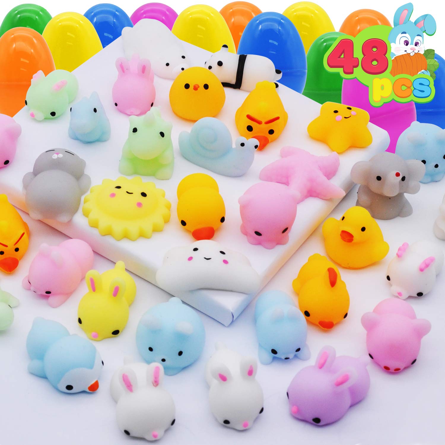 JOYIN 48 Mochi Squishy Toy Prefilled Easter Eggs, Kawaii Stress Reliever Squishy Toys Inside for Easter Theme Party Favor, Easter Eggs Hunt, Basket Filler, Classroom Prize Supplies