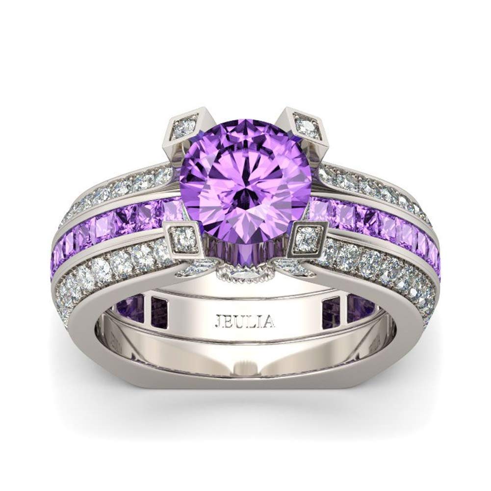 Jeulia Diamond Band Rings for Women cz Sterling Silver Interchangeable Ring Sets Wedding Engagement Anniversary Promise Ring Bridal Sets (Amethyst Purple, 8)