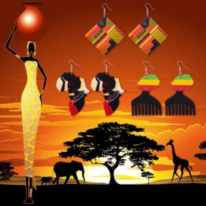 12 Pairs African Map Wooden Earrings African Women Dangle Earrings Natural Ethnic Earrings (African Afro Styles)