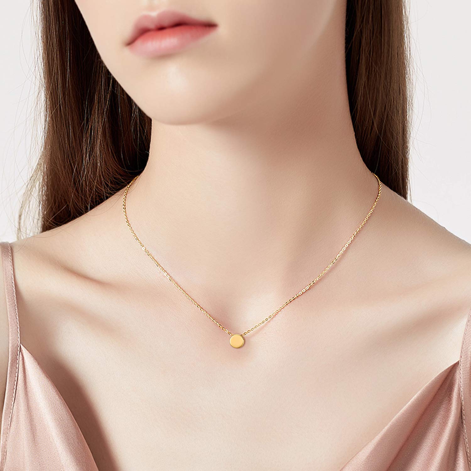 14K Solid Gold Dot Necklace for Women 7mm Round Dot Adjustable Choker Pendant Necklace Fine Jewelry for Her, Wife, Mom, Girls 16"-18"