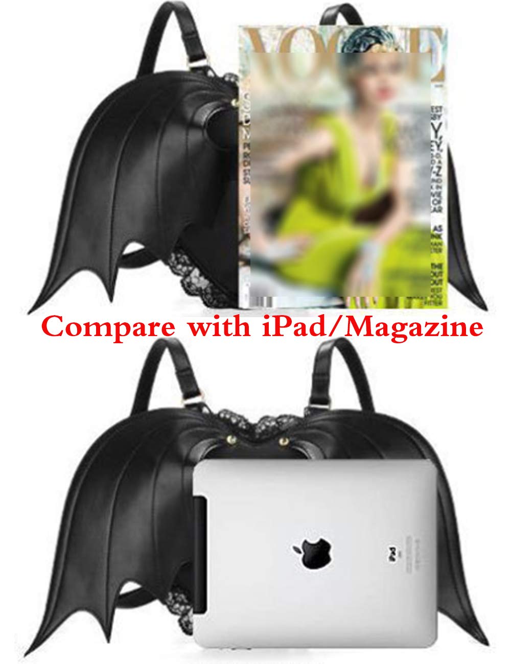 Rullar Punk Women Backpack Victorian Wings PU Daypack Rucksack Purse Gothic Lace Shoulder Bag Black