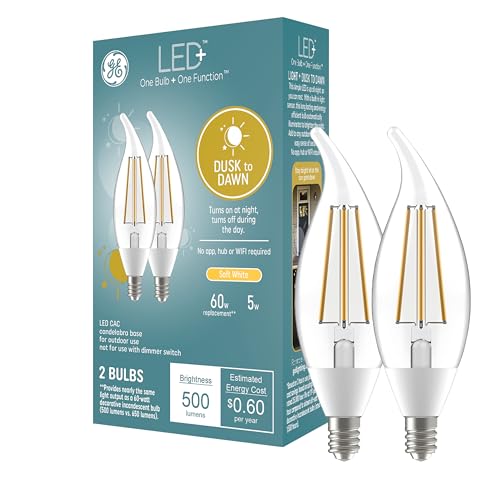 GE LED+ Dusk to Dawn LED Light Bulbs with Sunlight Sensors, Automatic On/Off Light Sensing Bulbs, Outdoor Decorative Bulbs, Soft White (Pack of 2)