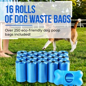 Augie's Doggies Pets Poop Bags with Free Bone-Shaped Dispenser and Leash Clip, Eco-friendly, Leak-Proof Compostable Dog Waste Bag, Bulk Pack of 16 Rolls/20 bags per roll/ 320 bags (Blue)