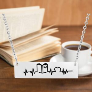 WSNANG Book Lover Gift Book Heartbeat Necklace Reading Book Club Necklace Book Jewelry Bookworm Gift Librarian Gift Bibliophile Gifts for Reader Writers Literature (Book Heartbeat Necklace)