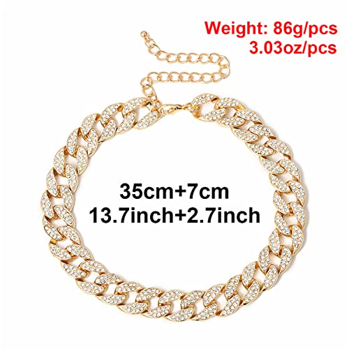 Ingemark Shiny CZ Rhinestone Curb Cuban Link Chain Choker for Women Unisex Cool Hip Hop Miami Cuban Diamond-Cut Chain Choker Necklace (Style 1 Golden)