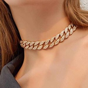 Ingemark Shiny CZ Rhinestone Curb Cuban Link Chain Choker for Women Unisex Cool Hip Hop Miami Cuban Diamond-Cut Chain Choker Necklace (Style 1 Golden)