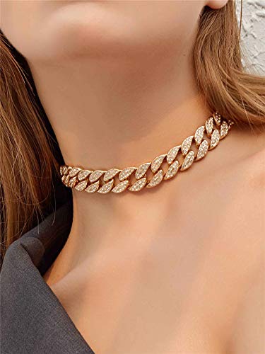 Ingemark Shiny CZ Rhinestone Curb Cuban Link Chain Choker for Women Unisex Cool Hip Hop Miami Cuban Diamond-Cut Chain Choker Necklace (Style 1 Golden)