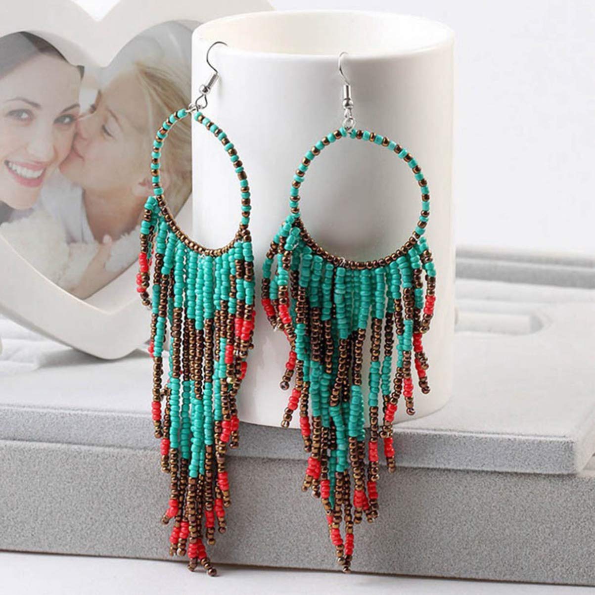 Happyyami Fringe Tassel Dangle Earrings Ethnic Boho Bead Ear Jewellery for Women Girls Ladies