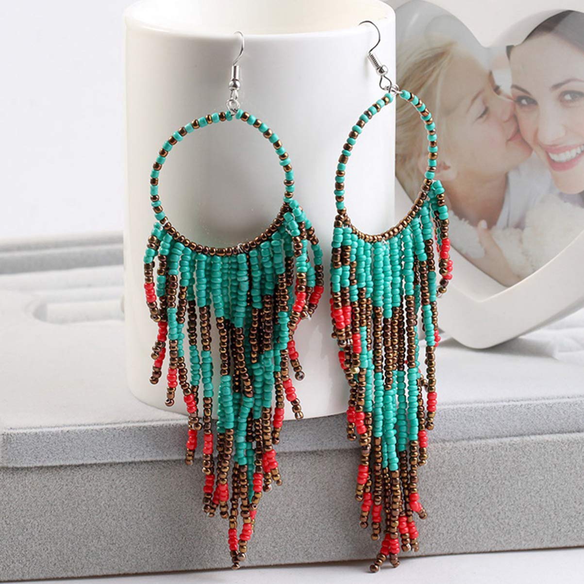 Happyyami Fringe Tassel Dangle Earrings Ethnic Boho Bead Ear Jewellery for Women Girls Ladies