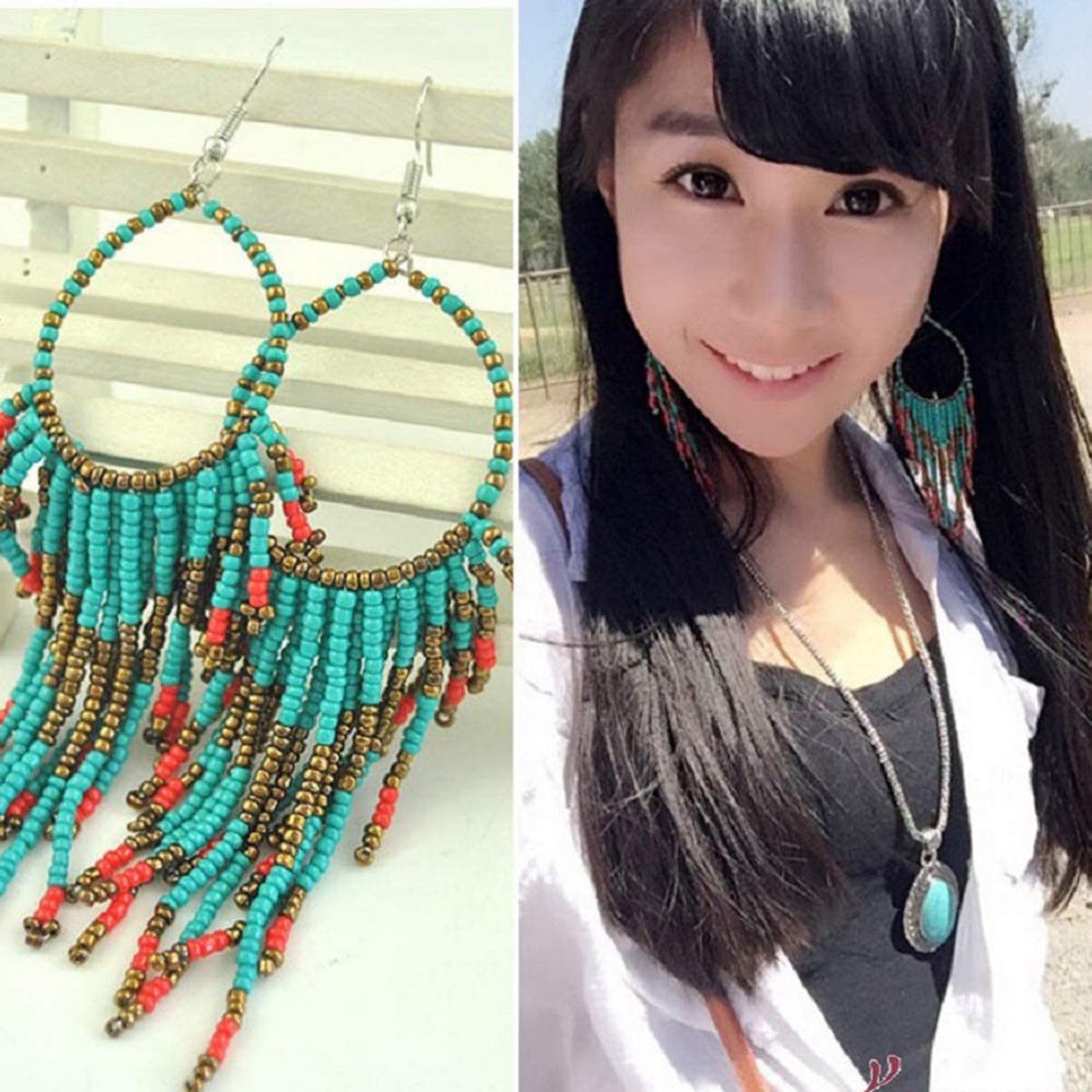 Happyyami Fringe Tassel Dangle Earrings Ethnic Boho Bead Ear Jewellery for Women Girls Ladies