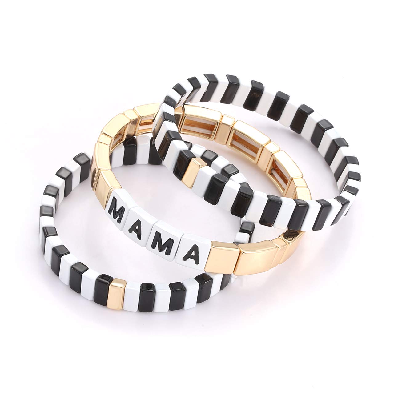 HZEYN Mothers Day Gift Tile Bracelet MAMA Enamel Colorblock Tile Bead Bracelet Stackable Sweet Mama Tile Link Stretch Bracelet Set of 3 Strands Jewelry