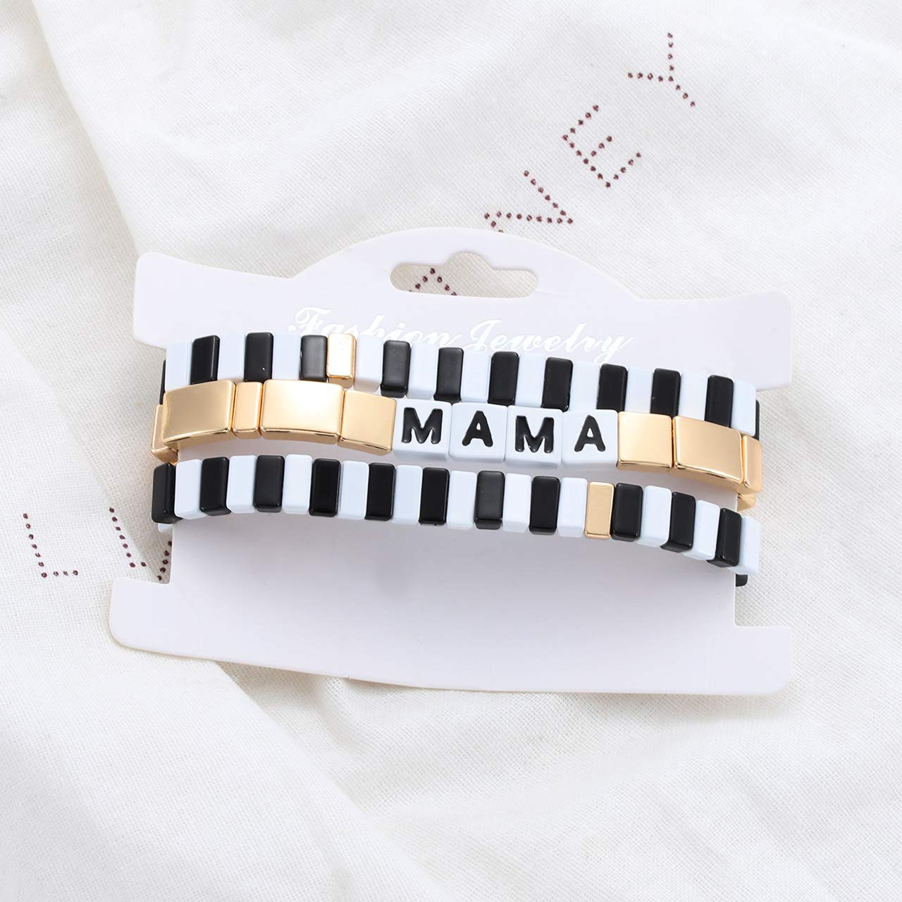 HZEYN Mothers Day Gift Tile Bracelet MAMA Enamel Colorblock Tile Bead Bracelet Stackable Sweet Mama Tile Link Stretch Bracelet Set of 3 Strands Jewelry