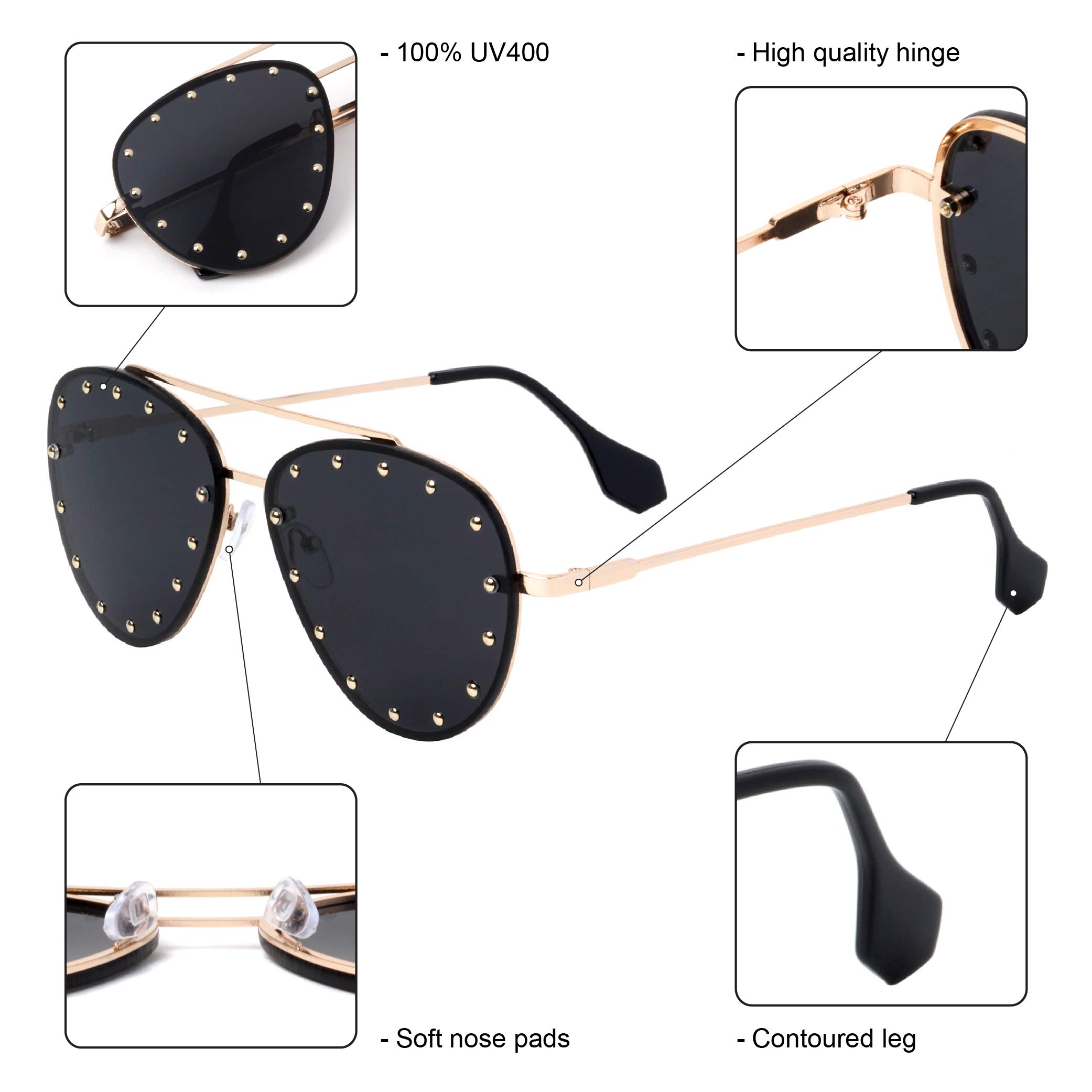 Brooklyn Rimless Oversized Studded Aviators Sunglasses Riveted Fashion Men Women AV-1672 (Black)