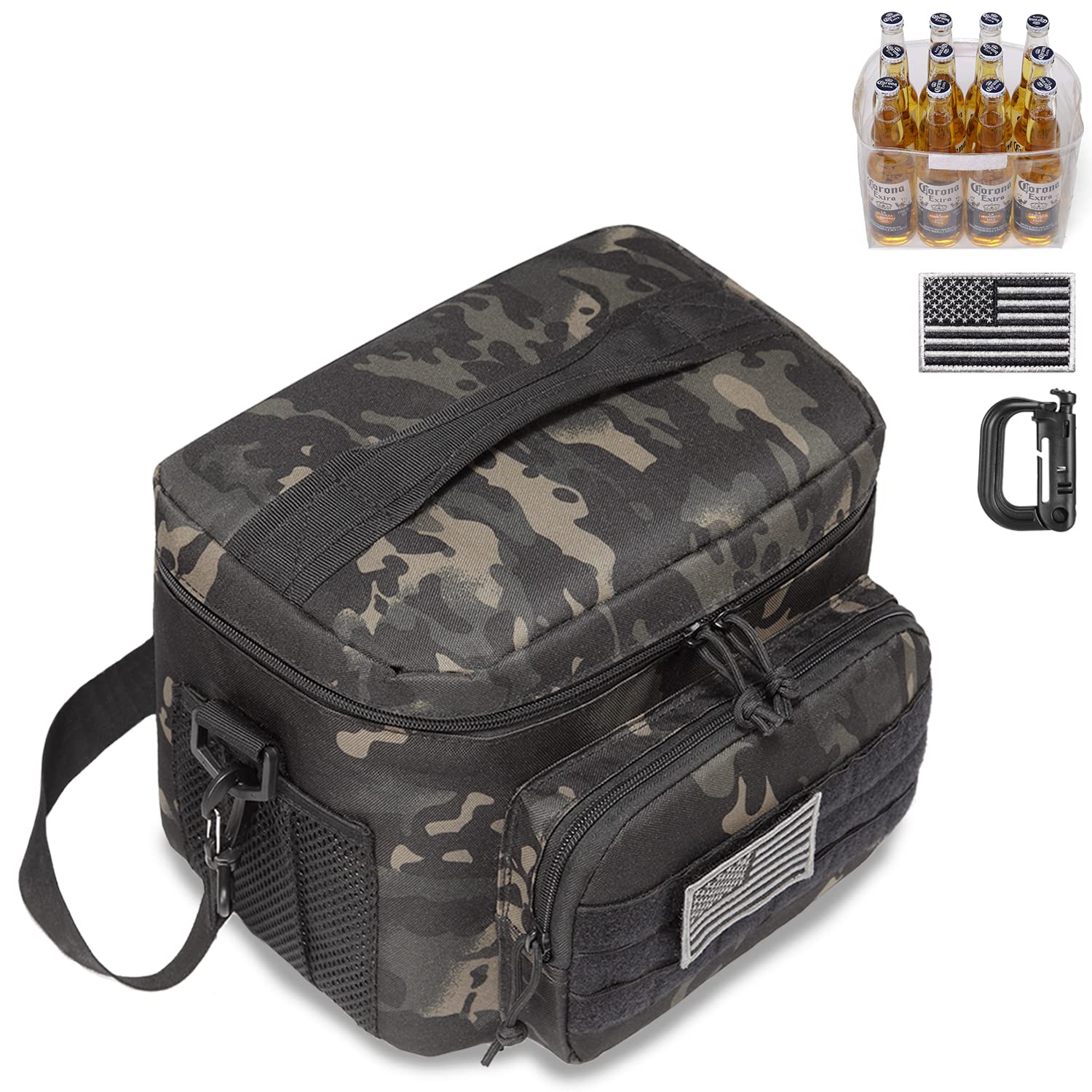 DBTAC Tactical Lunch Bag for Men Women, 12 Cans Insulated Lunch Box for Adult | 9L Leakproof Lunch Cooler Tote for Work Office Outdoor Travel | Soft Easy To Clean Liner x2, Black Camo