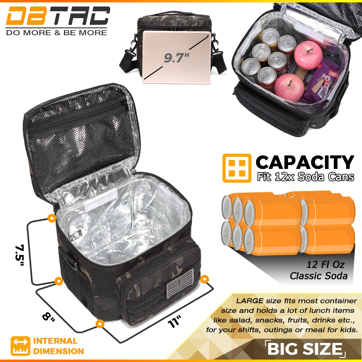 DBTAC Tactical Lunch Bag for Men Women, 12 Cans Insulated Lunch Box for Adult | 9L Leakproof Lunch Cooler Tote for Work Office Outdoor Travel | Soft Easy To Clean Liner x2, Black Camo