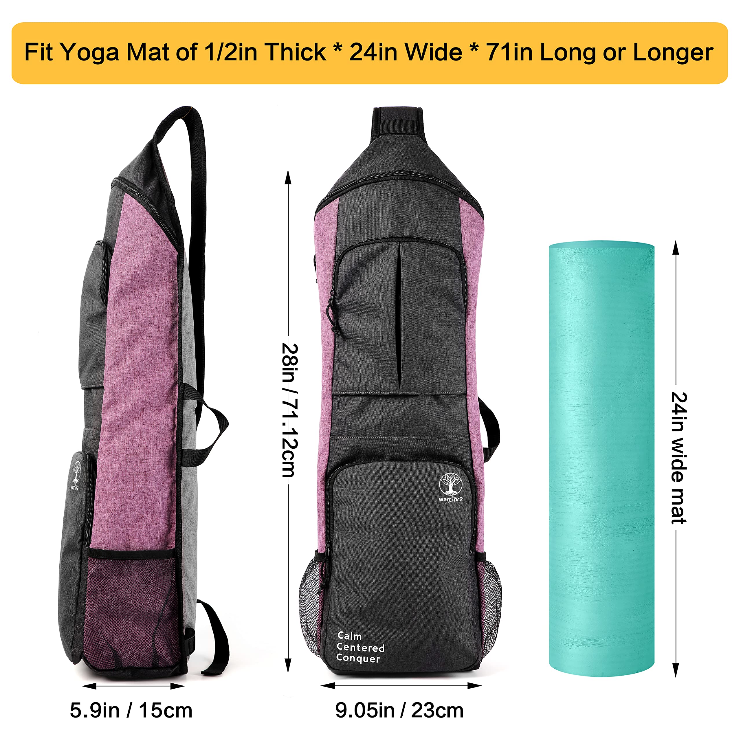 WARRIOR2 Yoga Mat Bag Carrier Fits 1/2" Thick Mat, Gym Bag With Yoga Mat Holder, Large Pockets, Water Bottles Holders, Yoga Mat Backpack for Women, Men