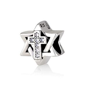 925 Sterling Silver 925 Sterling Silver Ornate Cross Interlocked Star Of David Charm Made In Israel 0.28" Silver Cubic Zirconia Holyland Spiritual Jewish Rare Israel Gifts Unique Handmade Jewelry Art