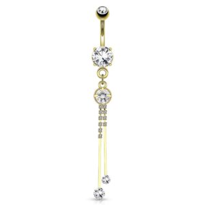 pierced owl 14ga 14kt gold plated stainless steel cz crystal dangling chain belly button ring