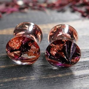 ETERNIADA Black Cornflower Ear gauges Flower Plugs Piercing Body Jewelry Tunnels Pressed Flower and Rose Gold foil Flakes Jewelry Birthday Gifts Resin Plug Earrings (22mm / 7/8" / Pair)