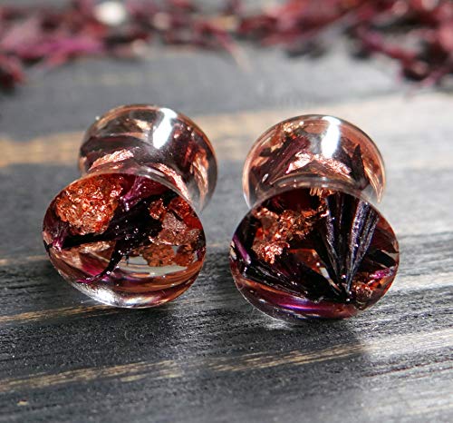 ETERNIADA Black Cornflower Ear gauges Flower Plugs Piercing Body Jewelry Tunnels Pressed Flower and Rose Gold foil Flakes Jewelry Birthday Gifts Resin Plug Earrings (22mm / 7/8" / Pair)