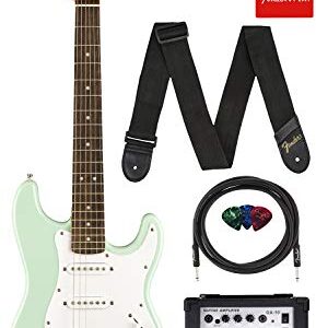 Fender Squier 3/4-Size Kids Mini Strat Electric Guitar - Surf Green Bundle with Amplifier, Instrument Cable, Tuner, Strap, Picks, Fender Play Online Lessons, and Austin Bazaar Instructional DVD