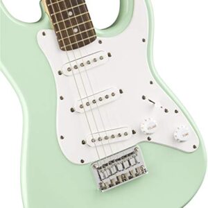 Fender Squier 3/4-Size Kids Mini Strat Electric Guitar - Surf Green Bundle with Amplifier, Instrument Cable, Tuner, Strap, Picks, Fender Play Online Lessons, and Austin Bazaar Instructional DVD