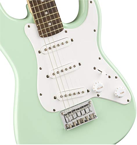 Fender Squier 3/4-Size Kids Mini Strat Electric Guitar - Surf Green Bundle with Amplifier, Instrument Cable, Tuner, Strap, Picks, Fender Play Online Lessons, and Austin Bazaar Instructional DVD