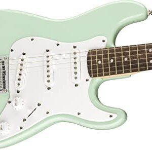 Fender Squier 3/4-Size Kids Mini Strat Electric Guitar - Surf Green Bundle with Amplifier, Instrument Cable, Tuner, Strap, Picks, Fender Play Online Lessons, and Austin Bazaar Instructional DVD