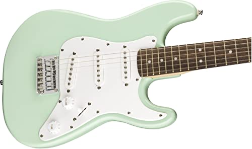 Fender Squier 3/4-Size Kids Mini Strat Electric Guitar - Surf Green Bundle with Amplifier, Instrument Cable, Tuner, Strap, Picks, Fender Play Online Lessons, and Austin Bazaar Instructional DVD