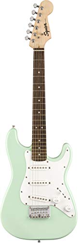 Fender Squier 3/4-Size Kids Mini Strat Electric Guitar - Surf Green Bundle with Amplifier, Instrument Cable, Tuner, Strap, Picks, Fender Play Online Lessons, and Austin Bazaar Instructional DVD