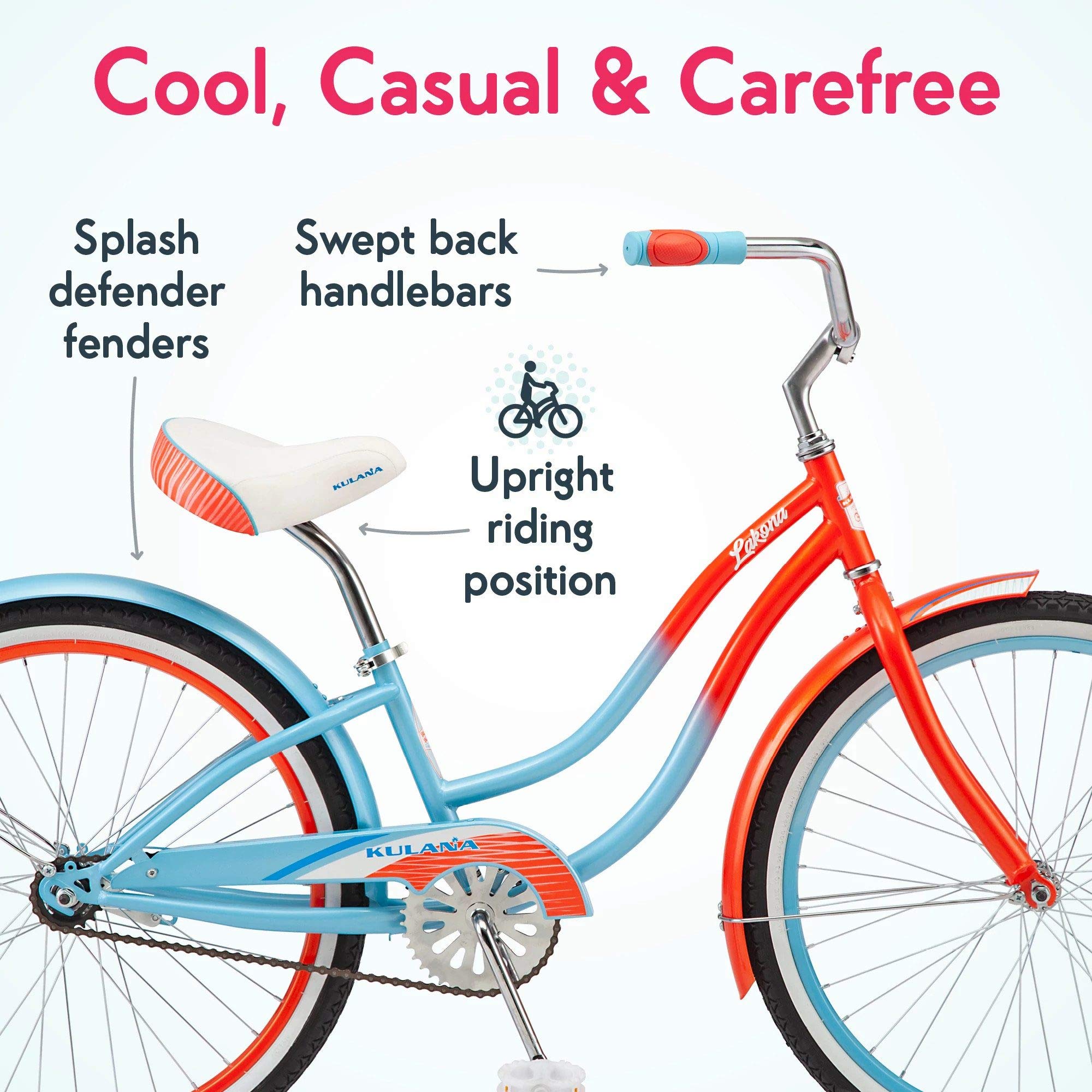 Kulana Lakona Shore Beach Cruiser Bike, 24-Inch Wheels, Single Speed, Blue/Coral (R1751AZ)