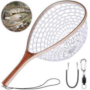 plusinno fly fishing net, wooden frame fishing landing net with magnetic release, soft rubber mesh net for trout bass catch and release, magnetic fly fishing gear