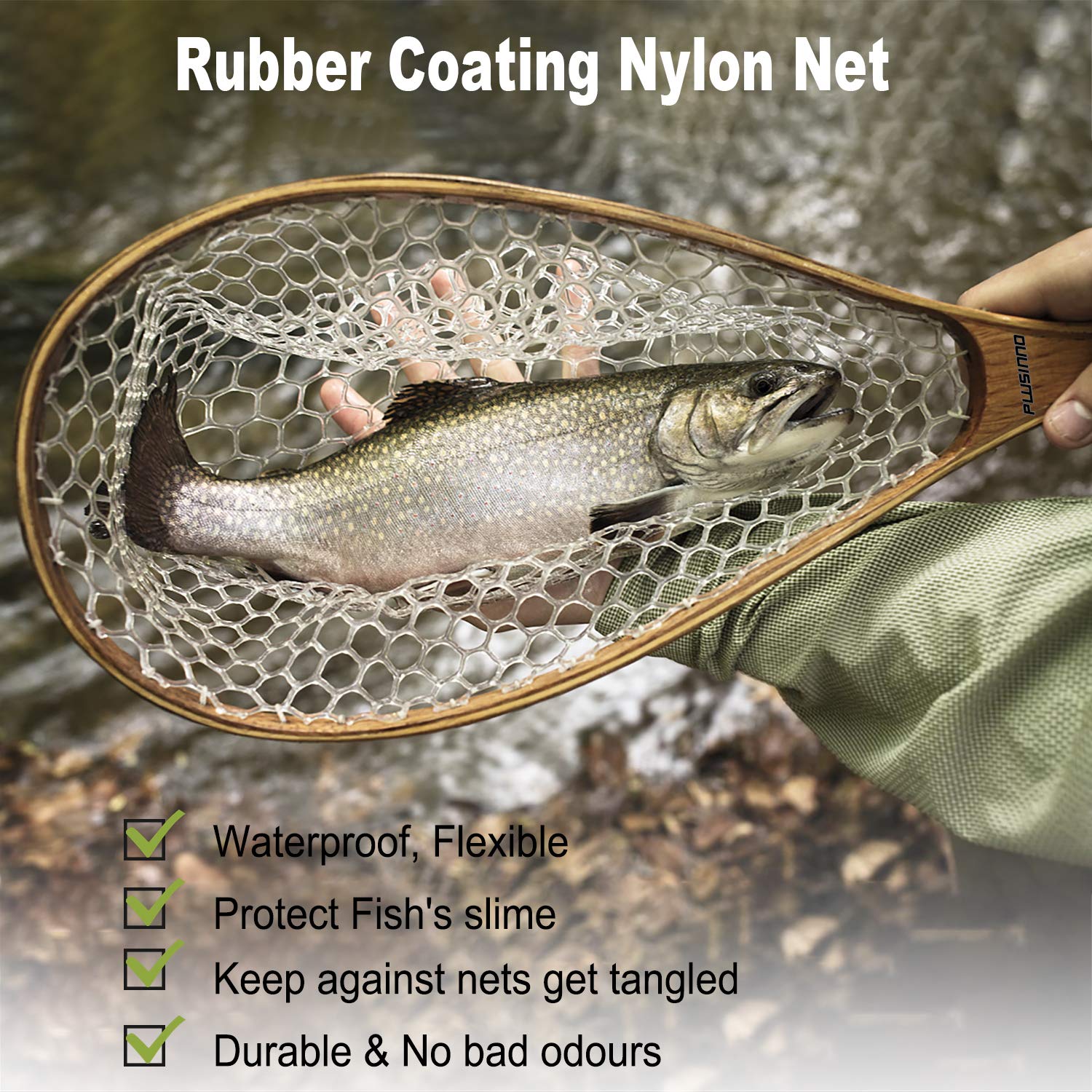 PLUSINNO Fly Fishing Net, Wooden Frame Fishing Landing Net with Magnetic Release, Soft Rubber Mesh Net for Trout Bass Catch and Release, Magnetic Fly Fishing Gear