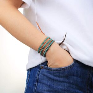 KELITCH Created Turquoise Crystal Mix Beaded Single Wrap Bracelet on Brown Leather Handwoven New Jewelry (Green 01)