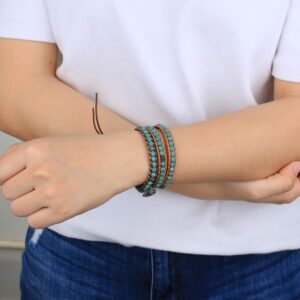 KELITCH Created Turquoise Crystal Mix Beaded Single Wrap Bracelet on Brown Leather Handwoven New Jewelry (Green 01)