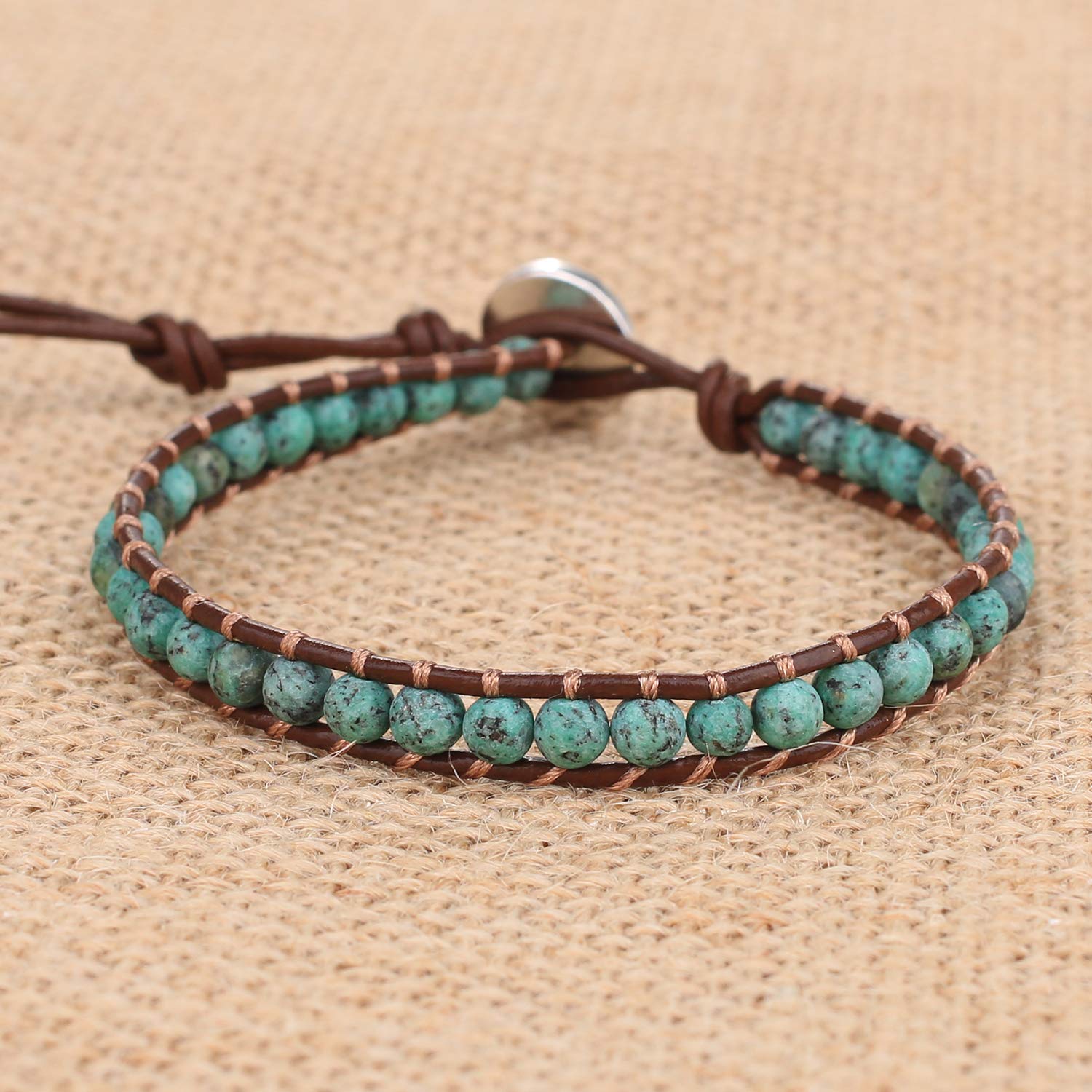 KELITCH Created Turquoise Crystal Mix Beaded Single Wrap Bracelet on Brown Leather Handwoven New Jewelry (Green 01)